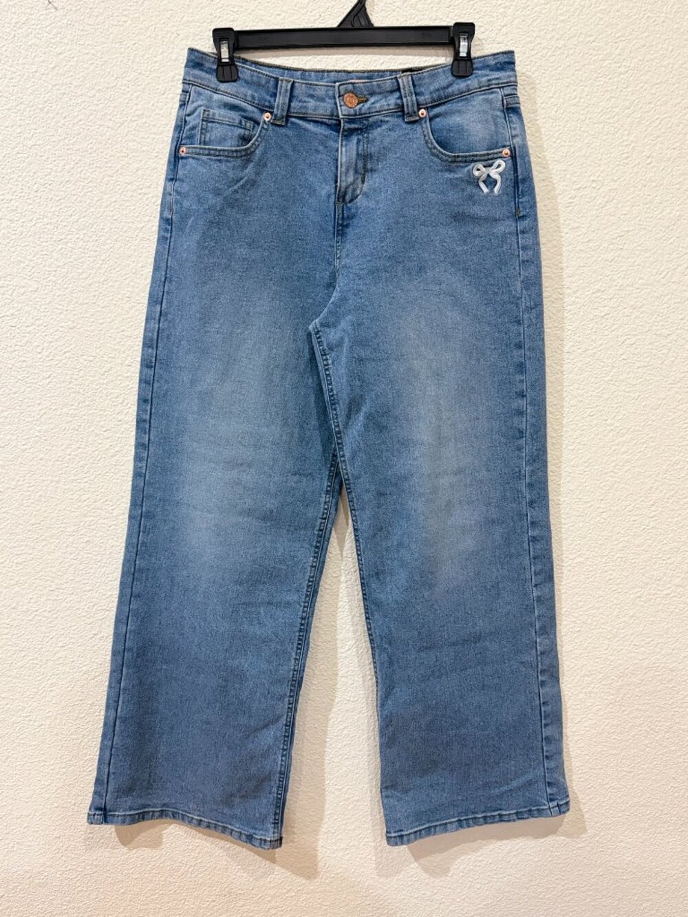 Girls Coquette Medium Wash Wide Leg Denim Jeans with Embroidered Bow Pocket | 16